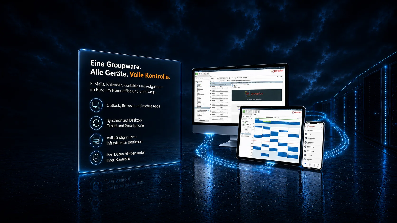 Arbeiten, wo Sie möchten. Kommunizieren, wie Sie es gewohnt sind. E-Mails, Kalender, Kontakte und Aufgaben – auf allen Endgeräten. Die groupios Extended Groupware Appliance (EGA) verbindet Outlook, Webbrowser und mobile Endgeräte in einer zentralen Groupware-Lösung. Ihre Vorteile auf einen Blick: Zugriff im Büro, Homeoffice und unterwegs, Outlook, Browser und mobile Endgeräte, E-Mails, Kalender, Kontakte und Aufgaben, Vollständig vor Ort installiert, Ihre Daten bleiben unter Ihrer Kontrolle. Dank der integrierten Unterstützung von Microsoft Outlook®, dem fortschrittlichen WebClient sowie ActiveSync für Smartphones und Tablets arbeitet jeder Nutzer mit dem gewohnten Client. Sämtliche Daten werden in Echtzeit sicher, zentral und vollständig innerhalb Ihrer eigenen Infrastruktur synchronisiert.