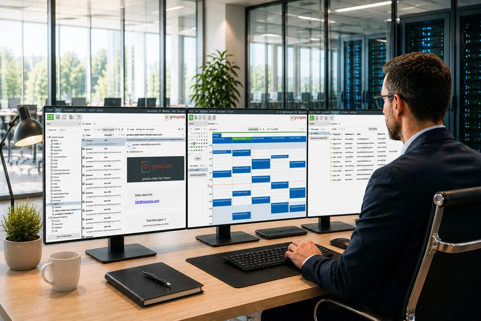 Arbeitsplatz mit groupios Groupware auf zwei Monitoren