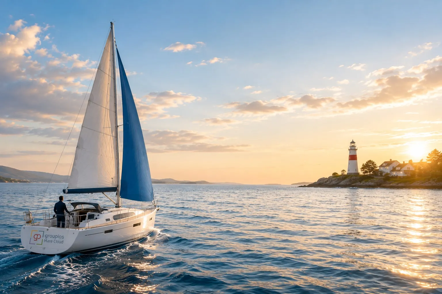 Segelboot bei Sonnenuntergang vor einem Leuchtturm