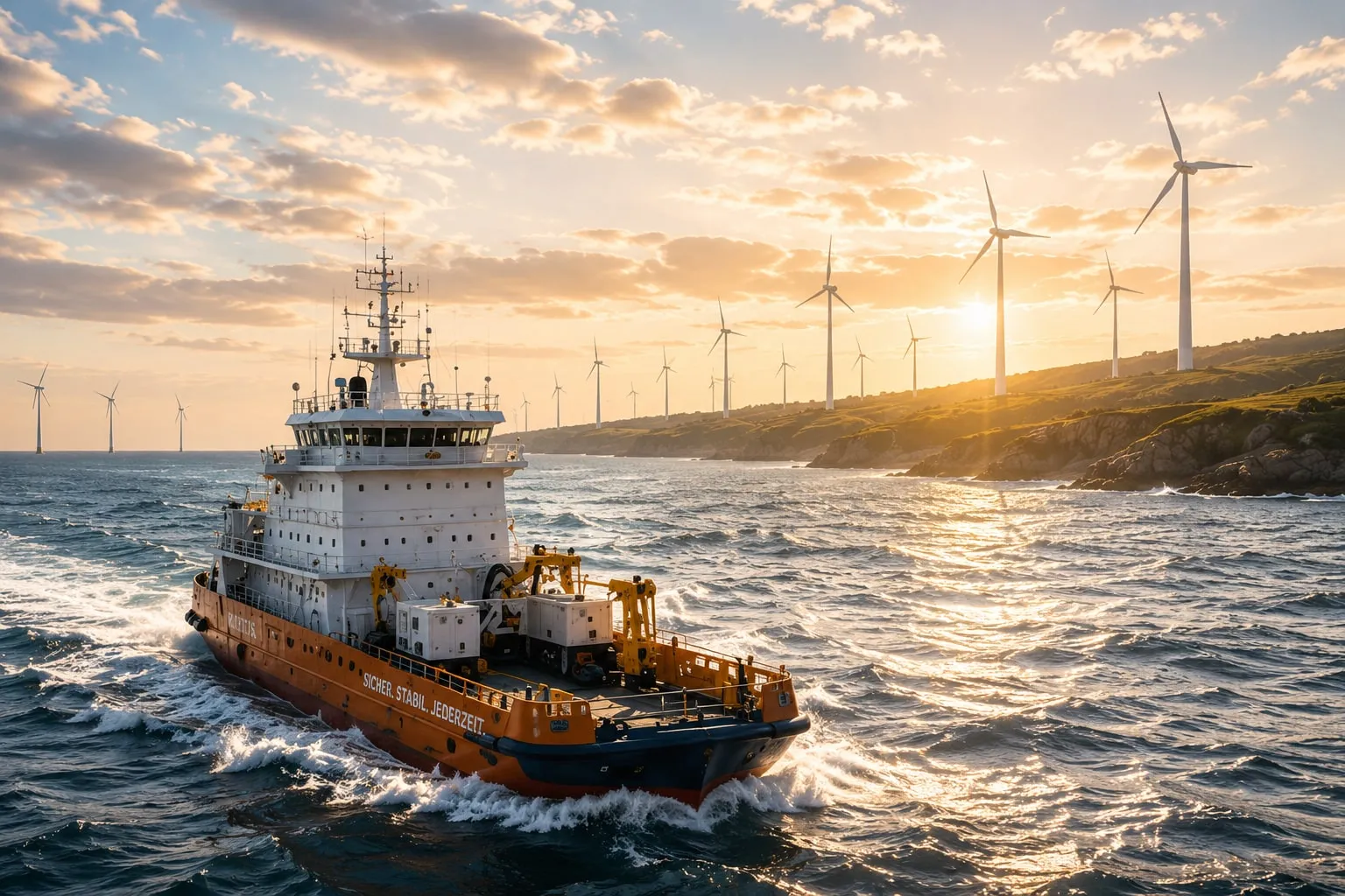Schlepper vor Windrädern bei Sonnenuntergang