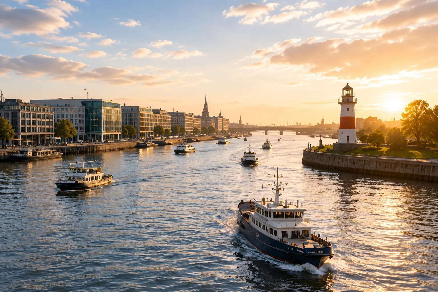 Hafenstadt bei Sonnenuntergang