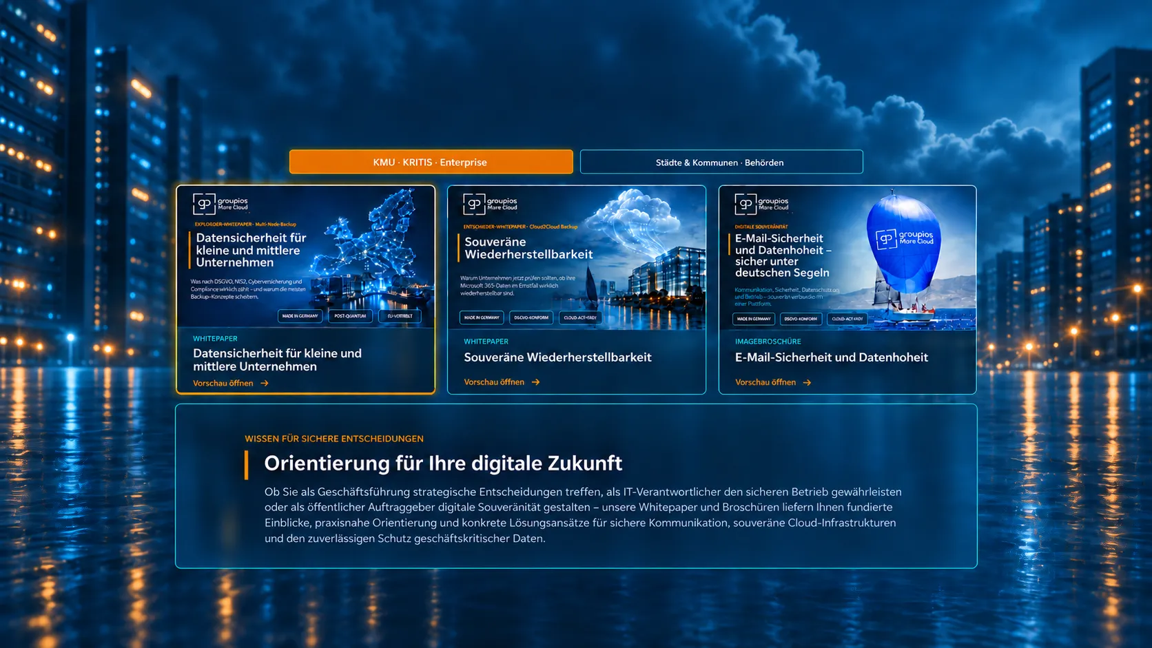 Zielgruppe KMU · KRITIS · Enterprise ausgewählt. Drei Publikationen: Whitepaper „Datensicherheit für kleine und mittlere Unternehmen", Whitepaper „Souveräne Wiederherstellbarkeit" und Imagebroschüre „E-Mail-Sicherheit und Datenhoheit – sicher unter deutschen Segeln". Darunter: Wissen für sichere Entscheidungen – Orientierung für Ihre digitale Zukunft. Ob Sie als Geschäftsführung strategische Entscheidungen treffen, als IT-Verantwortlicher den sicheren Betrieb gewährleisten oder als öffentlicher Auftraggeber digitale Souveränität gestalten – unsere Whitepaper und Broschüren liefern Ihnen fundierte Einblicke, praxisnahe Orientierung und konkrete Lösungsansätze für sichere Kommunikation, souveräne Cloud-Infrastrukturen und den zuverlässigen Schutz geschäftskritischer Daten.