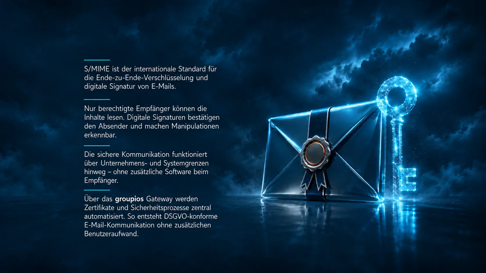 S/MIME (Secure/Multipurpose Internet Mail Extensions) ist ein internationaler Standard zur Ende-zu-Ende-Verschlüsselung und digitalen Signatur von E-Mails. S/MIME gewährleistet Vertraulichkeit, Integrität und Authentizität der E-Mail-Kommunikation – unabhängig vom Transportweg und über die Zustellung hinaus. Durch Ende-zu-Ende-Verschlüsselung können ausschließlich berechtigte Empfänger Inhalte lesen – während digitale Signaturen die Absenderidentität bestätigen und Manipulationen ausschließen. Als etablierter Industriestandard ermöglicht S/MIME sichere, interoperable Kommunikation über Unternehmens- und Systemgrenzen hinweg – ohne proprietäre Zusatzsoftware beim Empfänger. In Kombination mit zentraler Zertifikatsverwaltung über das groupios Gateway lässt sich die gesamte Sicherheitslogik automatisiert steuern – ohne Benutzeraufwand. Damit wird S/MIME zum zentralen Baustein DSGVO-konformer und vertrauenswürdiger Unternehmenskommunikation.