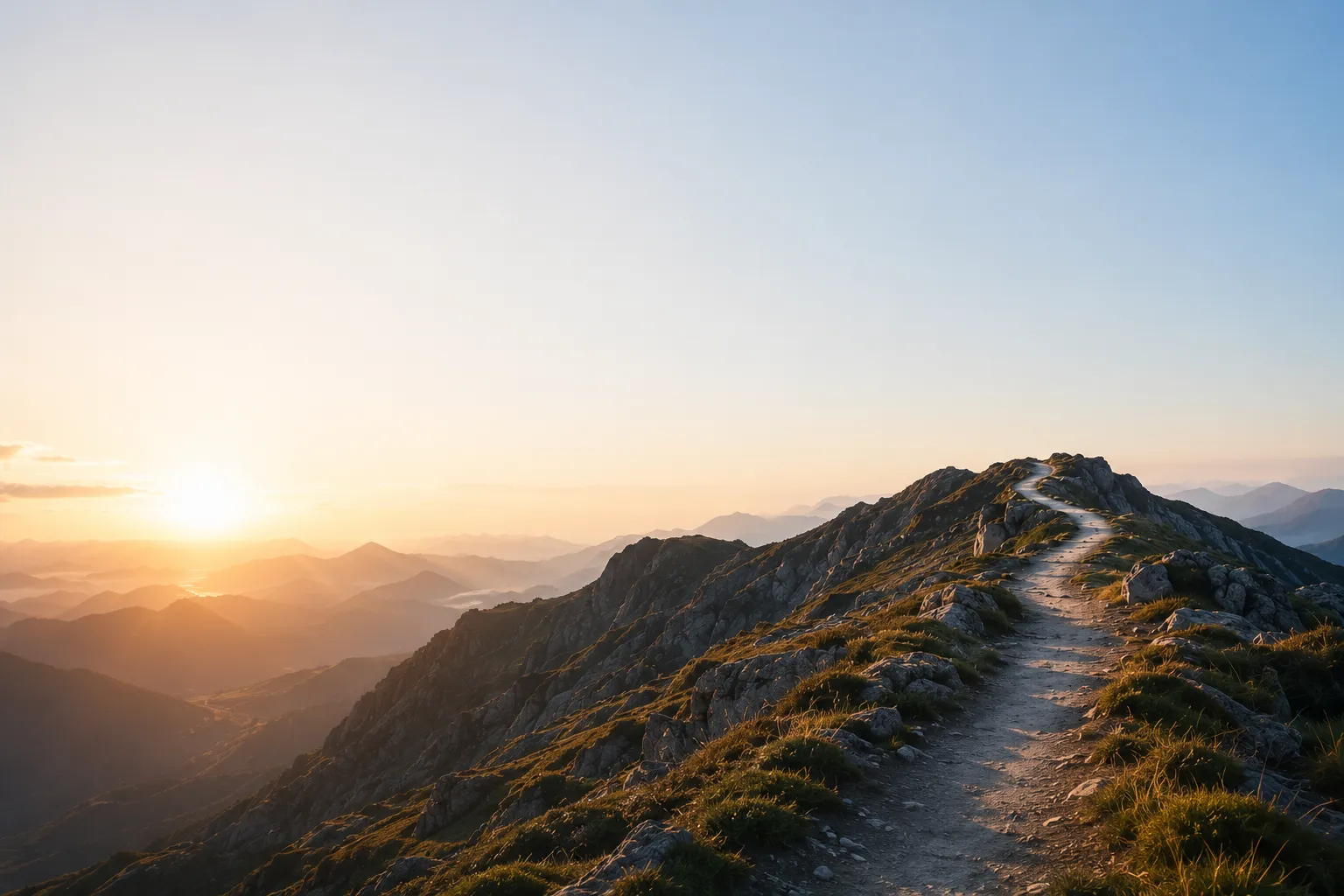 Bergpfad im Morgenlicht, der über einen Grat in die Ferne führt.