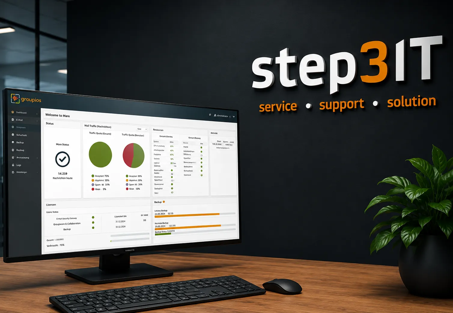 Arbeitsplatz mit der groupios Mare Cloud vor dem Logo der step3IT GmbH