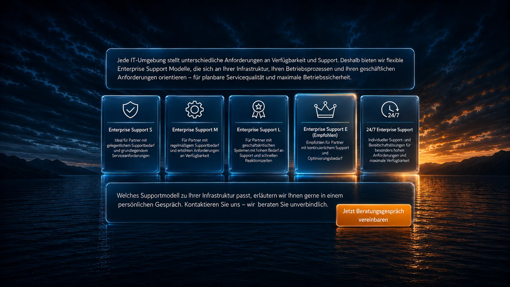 Jede IT-Umgebung stellt unterschiedliche Anforderungen an Verfügbarkeit und Support. Deshalb bieten wir flexible Enterprise Support Modelle, die sich an Ihrer Infrastruktur, Ihren Betriebsprozessen und Ihren geschäftlichen Anforderungen orientieren – für planbare Servicequalität und maximale Betriebssicherheit. Enterprise Support S: Ideal für Partner mit gelegentlichem Supportbedarf und grundlegenden Serviceanforderungen. Enterprise Support E (Empfohlen): Empfohlen für Partner mit kontinuierlichem Support- und Optimierungsbedarf. Enterprise Support M: Für Partner mit regelmäßigem Supportbedarf und erhöhten Anforderungen an Verfügbarkeit. Enterprise Support L: Für Partner mit geschäftskritischen Systemen, mit hohem Bedarf an Support und schnellen Reaktionszeiten. 24/7 Enterprise Support: Individuelle Support- und Bereitschaftslösungen für besonders hohe Anforderungen und maximale Verfügbarkeit. Welches Supportmodell zu Ihrer Infrastruktur passt, erläutern wir Ihnen gerne in einem persönlichen Gespräch. Kontaktieren Sie uns – wir beraten Sie unverbindlich. Jetzt Beratungsgespräch vereinbaren